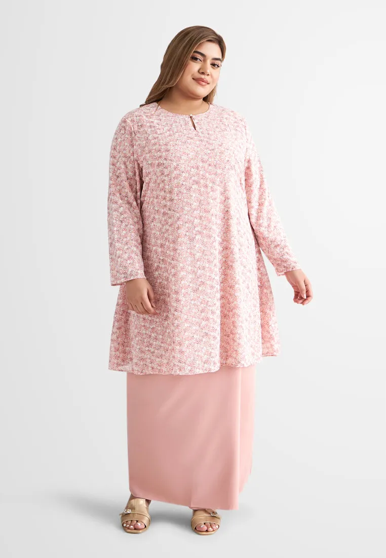 Faerie Floral Embroidery Chiffon Kurung Pahang Set - Pink