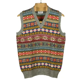 Fair Isle v-neck sweater vest,  grey, blue, mustard, teal & red