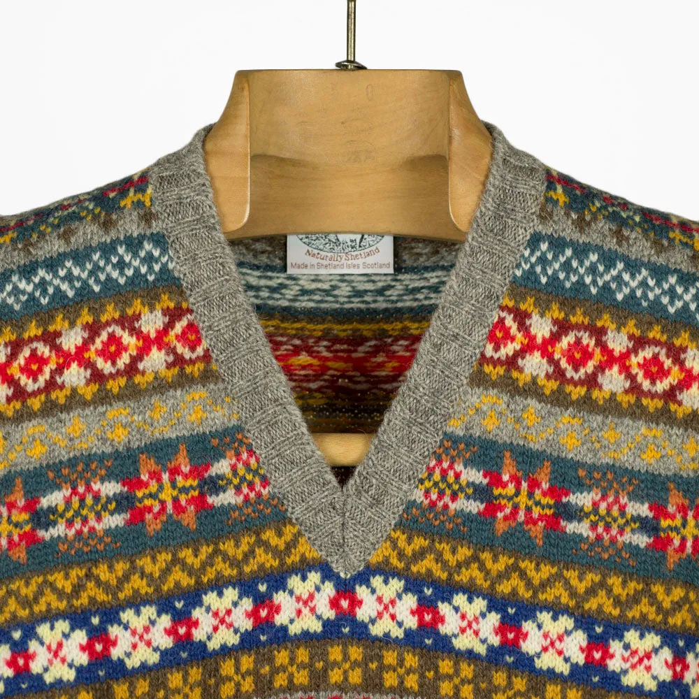 Fair Isle v-neck sweater vest,  grey, blue, mustard, teal & red