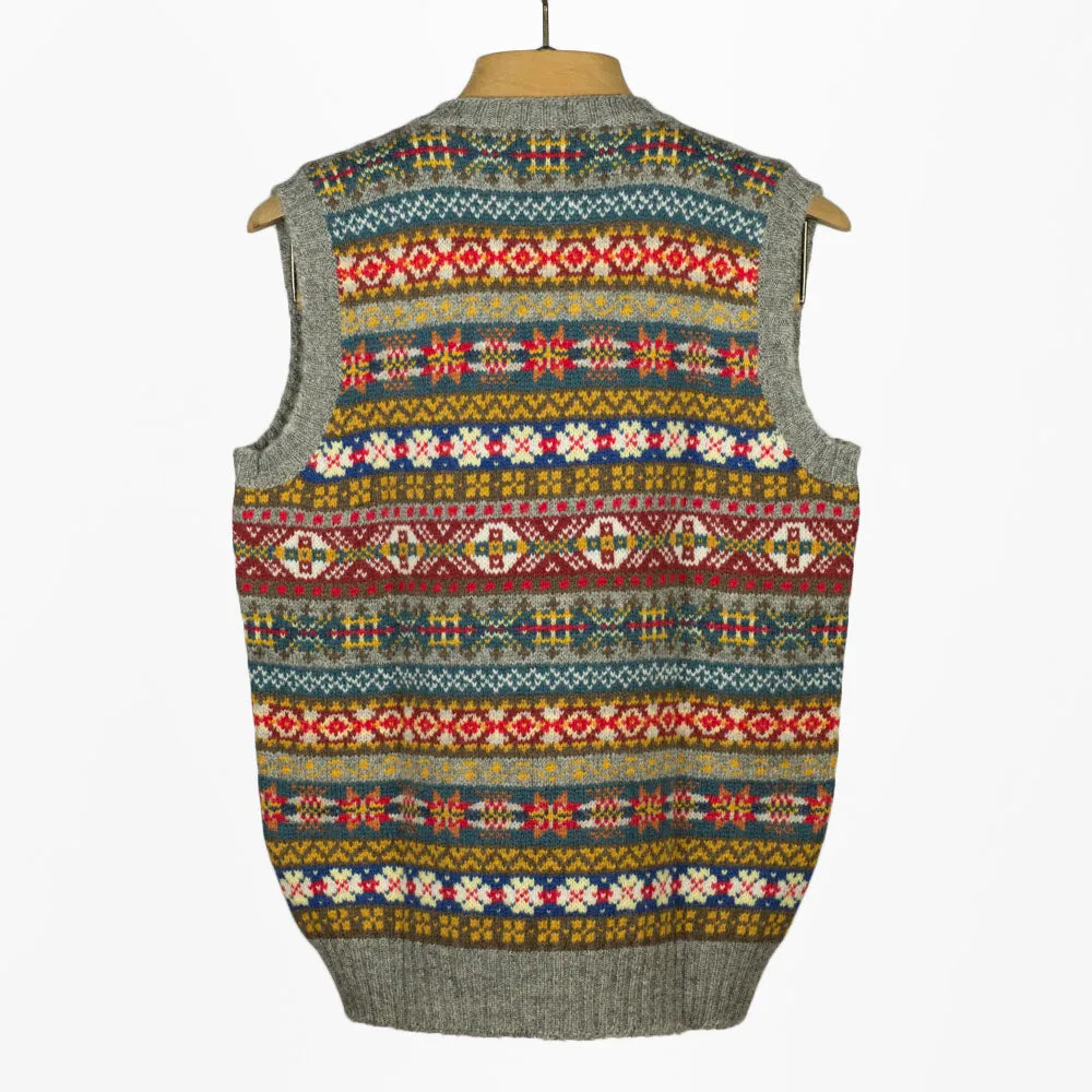 Fair Isle v-neck sweater vest,  grey, blue, mustard, teal & red