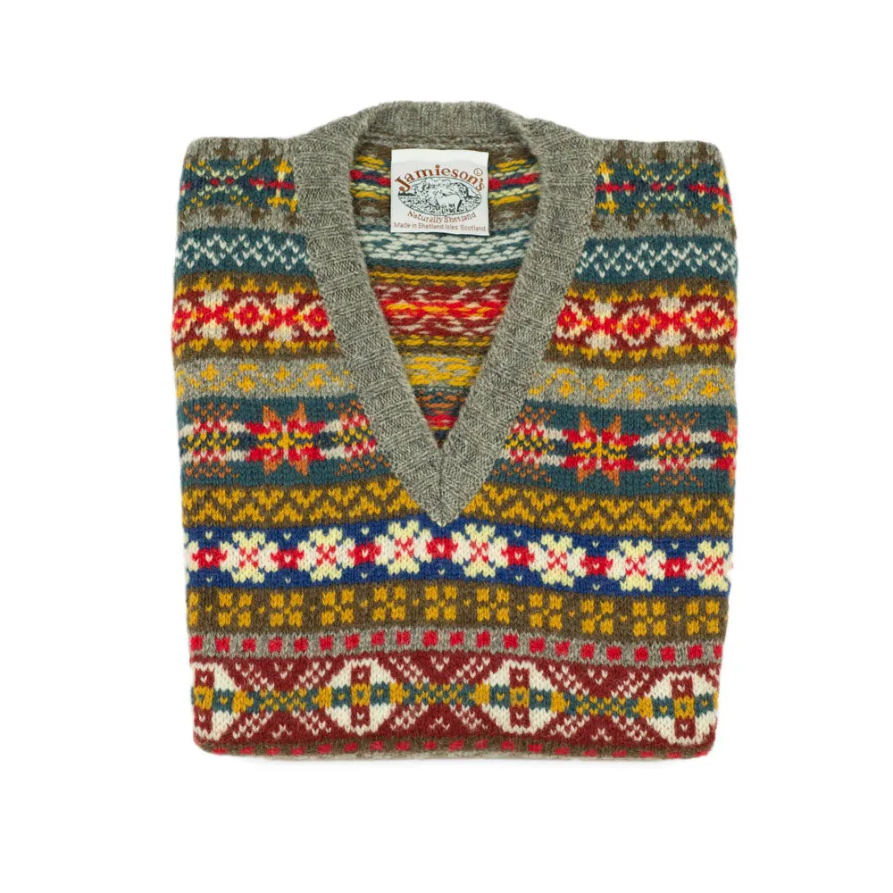 Fair Isle v-neck sweater vest,  grey, blue, mustard, teal & red