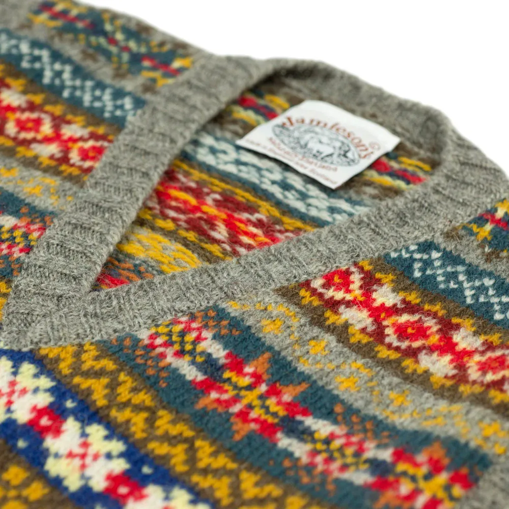 Fair Isle v-neck sweater vest,  grey, blue, mustard, teal & red