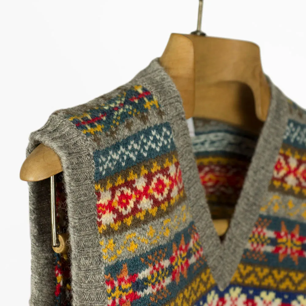 Fair Isle v-neck sweater vest,  grey, blue, mustard, teal & red