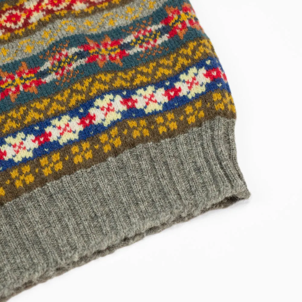 Fair Isle v-neck sweater vest,  grey, blue, mustard, teal & red