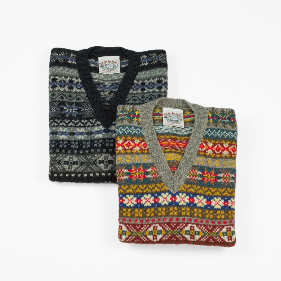 Fair Isle v-neck sweater vest,  grey, blue, mustard, teal & red