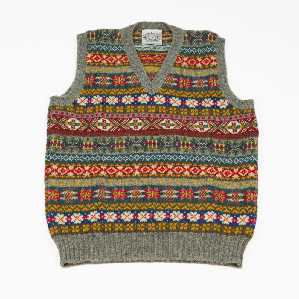 Fair Isle v-neck sweater vest,  grey, blue, mustard, teal & red