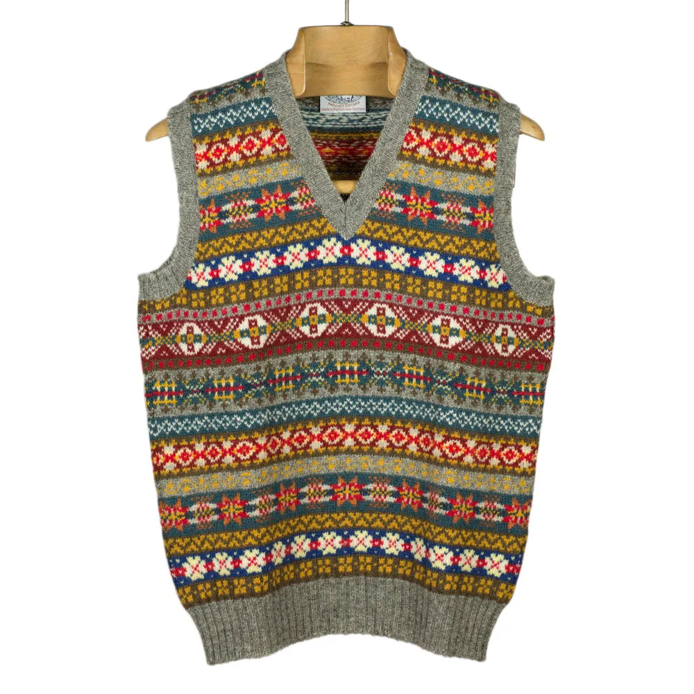 Fair Isle v-neck sweater vest,  grey, blue, mustard, teal & red