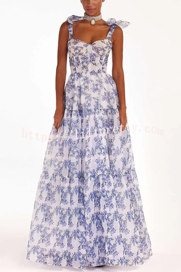 Fairytale Itself Organza Floral Print Tie Strap Maxi Dress