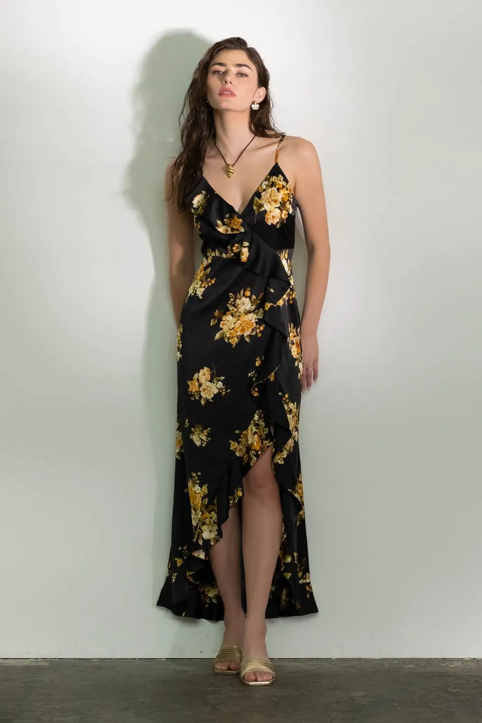 FLORAL SLEEVELESS RUFFLE WRAP MAXI DRESS