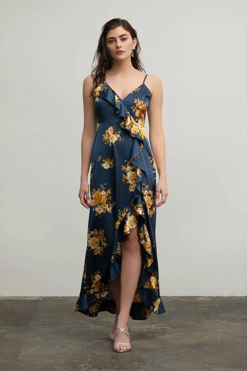 FLORAL SLEEVELESS RUFFLE WRAP MAXI DRESS