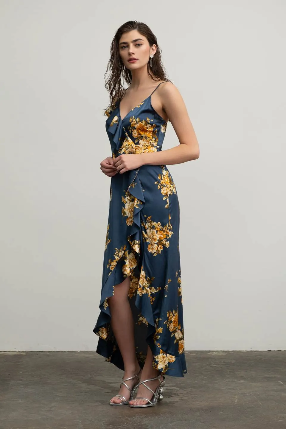 FLORAL SLEEVELESS RUFFLE WRAP MAXI DRESS