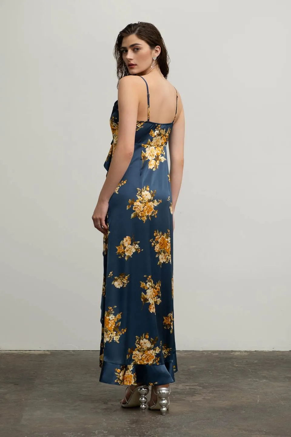 FLORAL SLEEVELESS RUFFLE WRAP MAXI DRESS