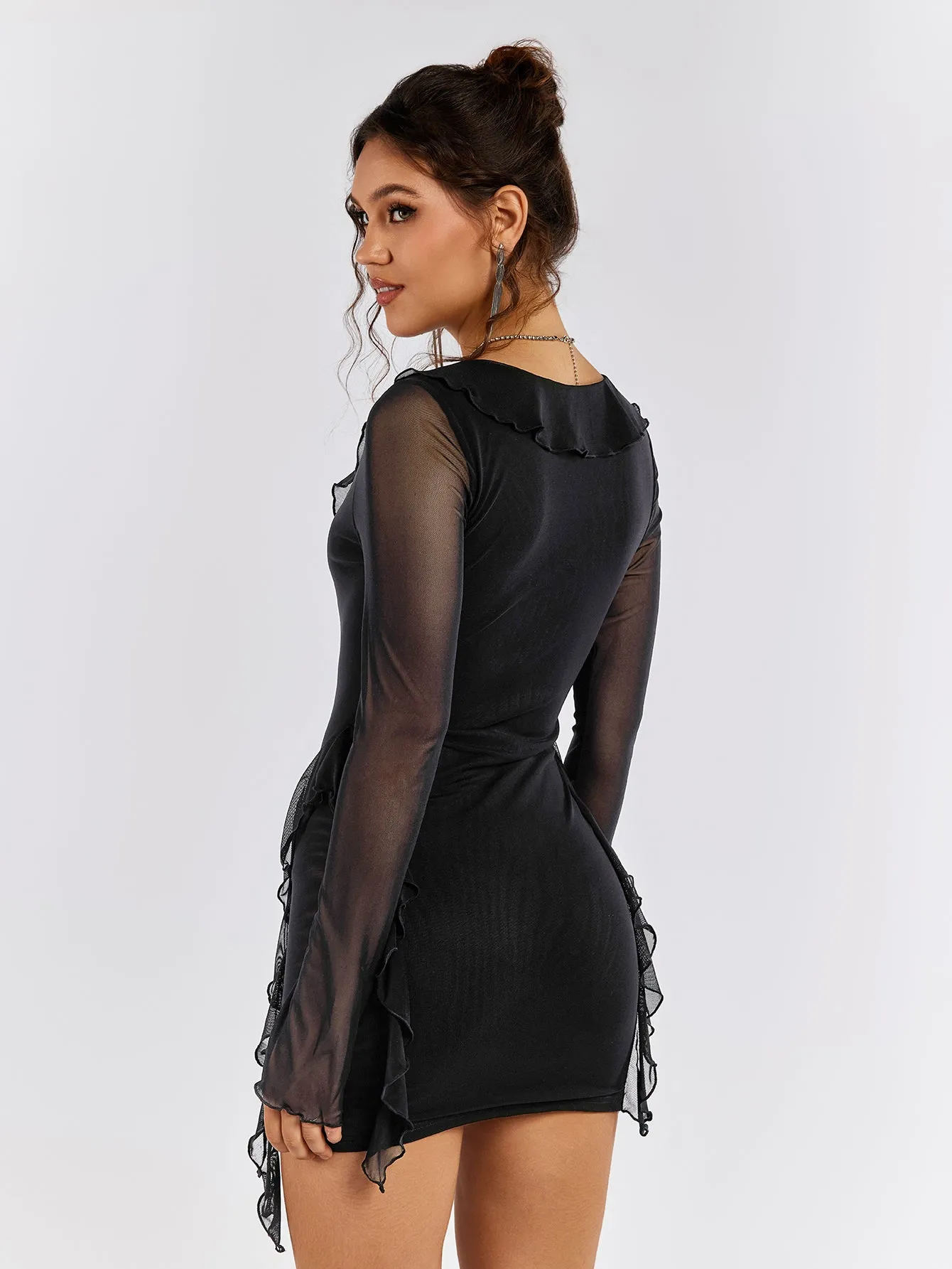 Flounce Sleeve Tie Front Embellished Mesh Dress