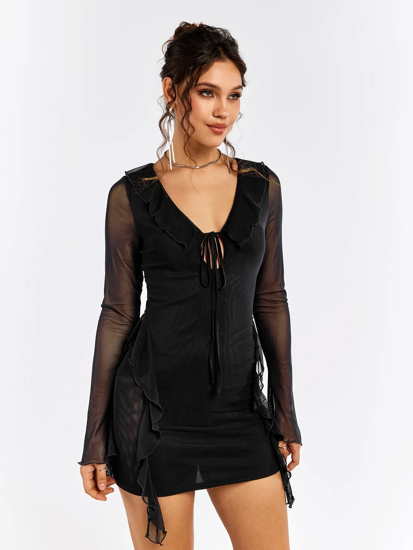 Flounce Sleeve Tie Front Embellished Mesh Dress