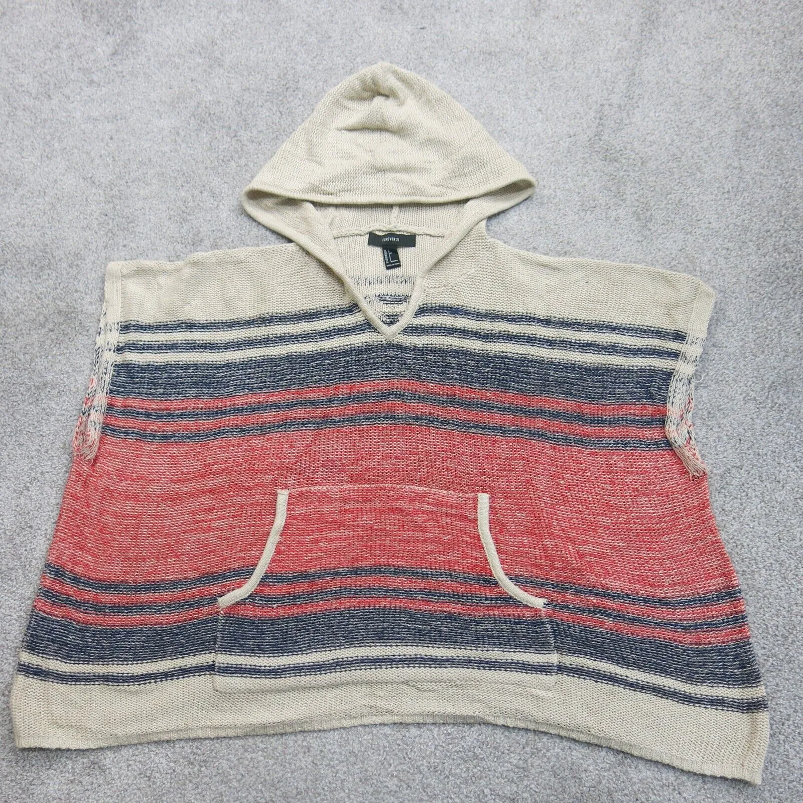 Forever 21 Womens Hooded Vest Sweater Knitted Kangaroo Pockets Beige Red SZ S