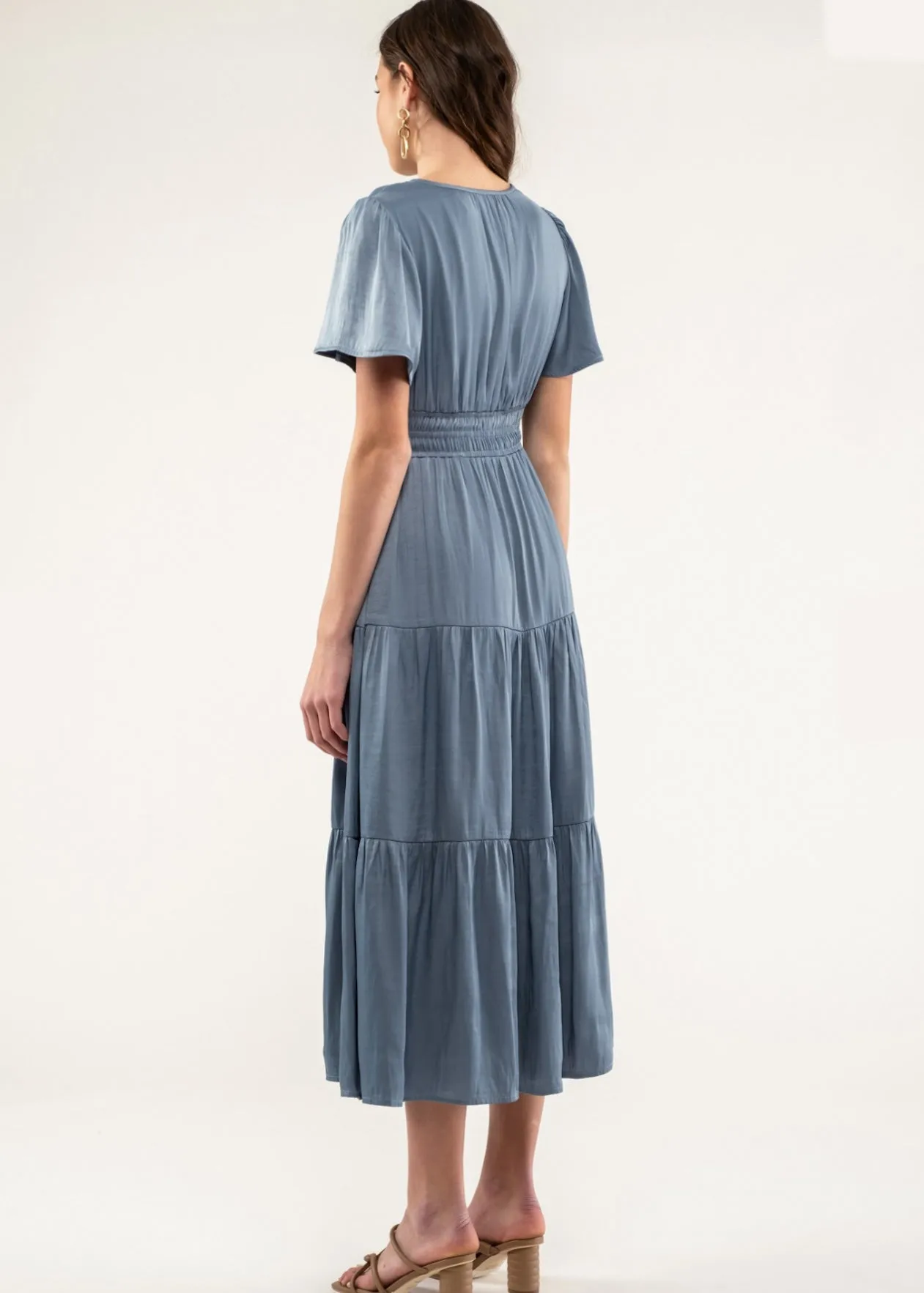 Forget Me Not, Womens Midi Dress, Split Neckline, Tiered Midi Dress, Blush or Steel