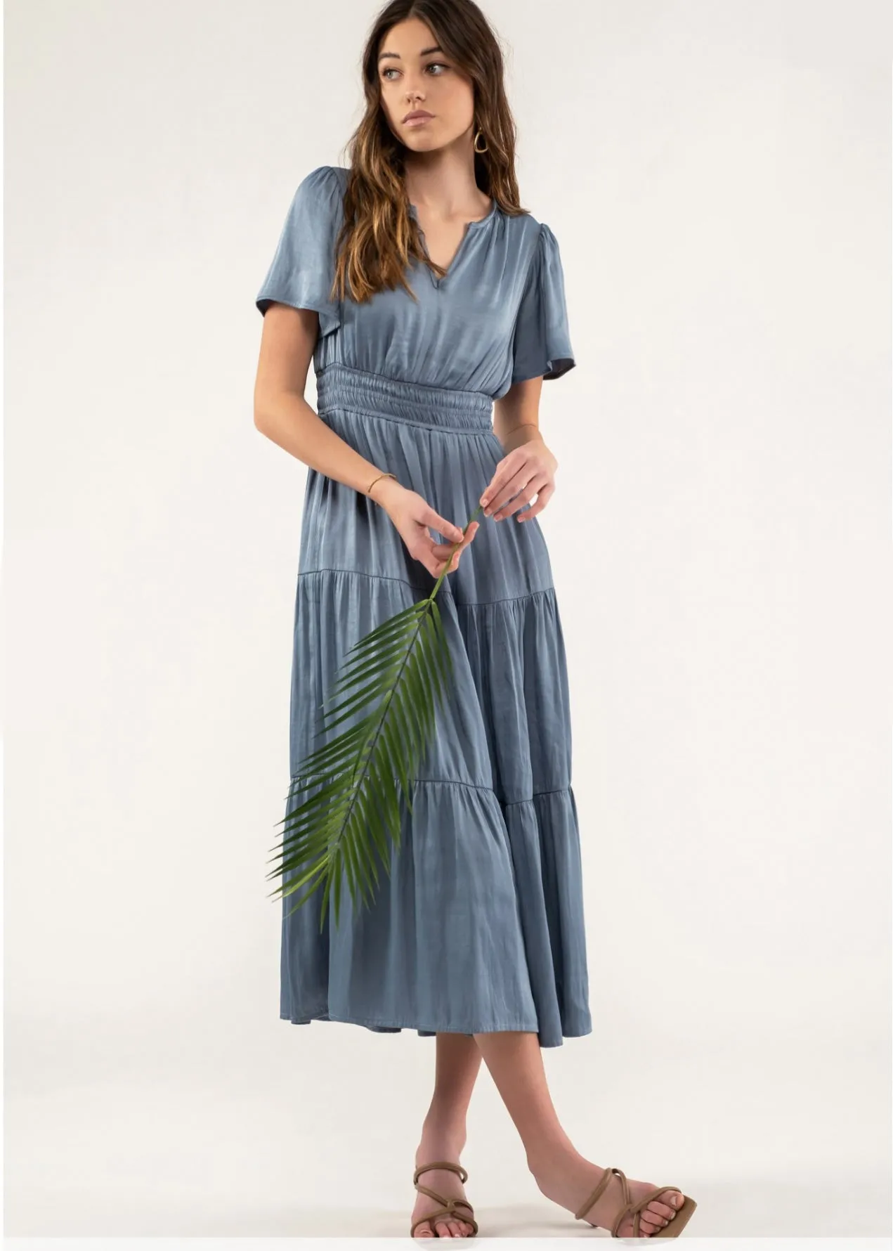 Forget Me Not, Womens Midi Dress, Split Neckline, Tiered Midi Dress, Blush or Steel