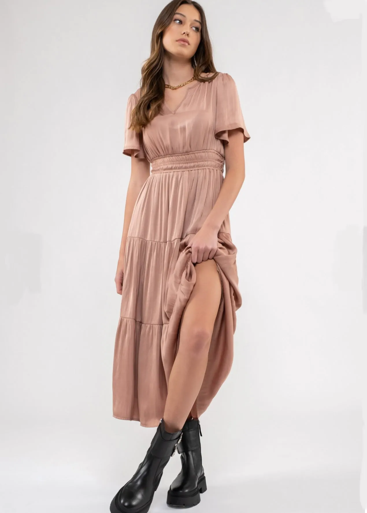 Forget Me Not, Womens Midi Dress, Split Neckline, Tiered Midi Dress, Blush or Steel