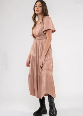 Forget Me Not, Womens Midi Dress, Split Neckline, Tiered Midi Dress, Blush or Steel