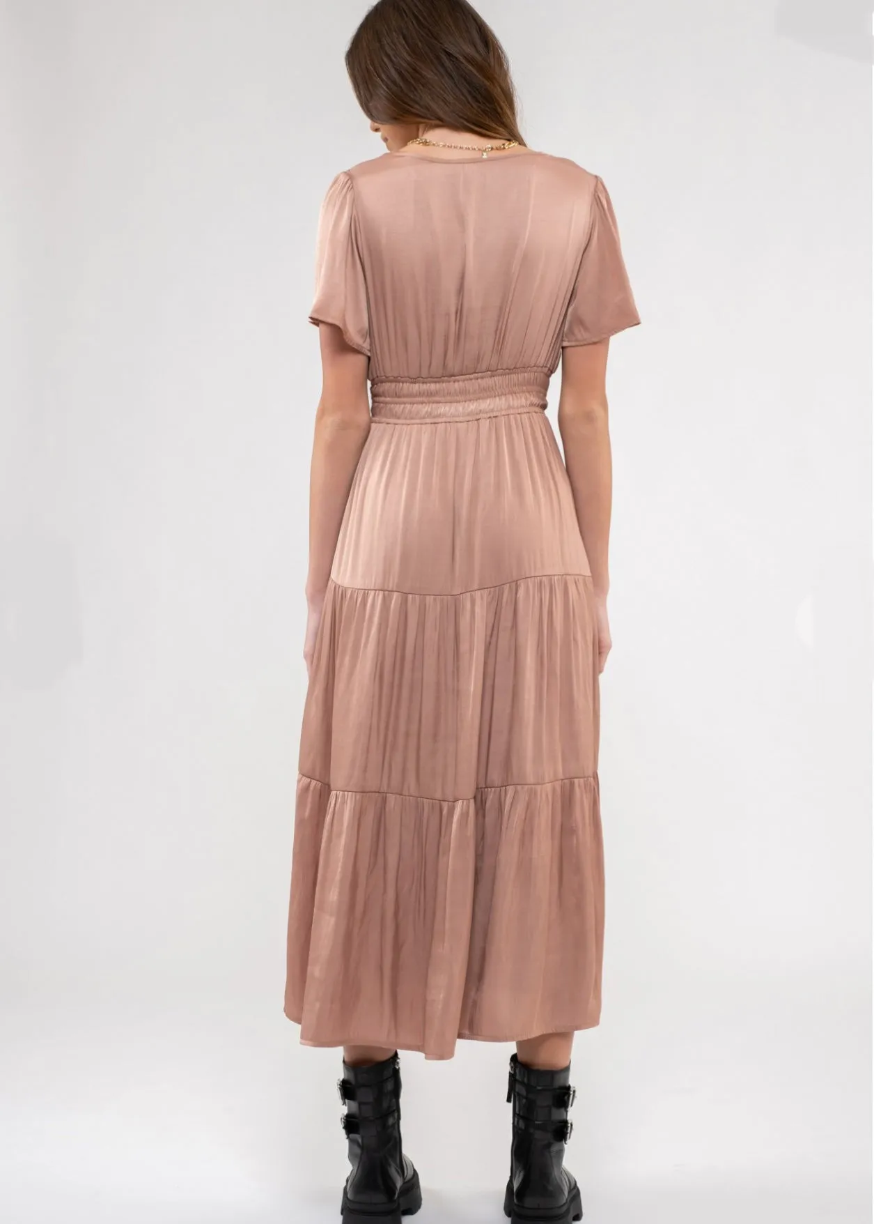 Forget Me Not, Womens Midi Dress, Split Neckline, Tiered Midi Dress, Blush or Steel