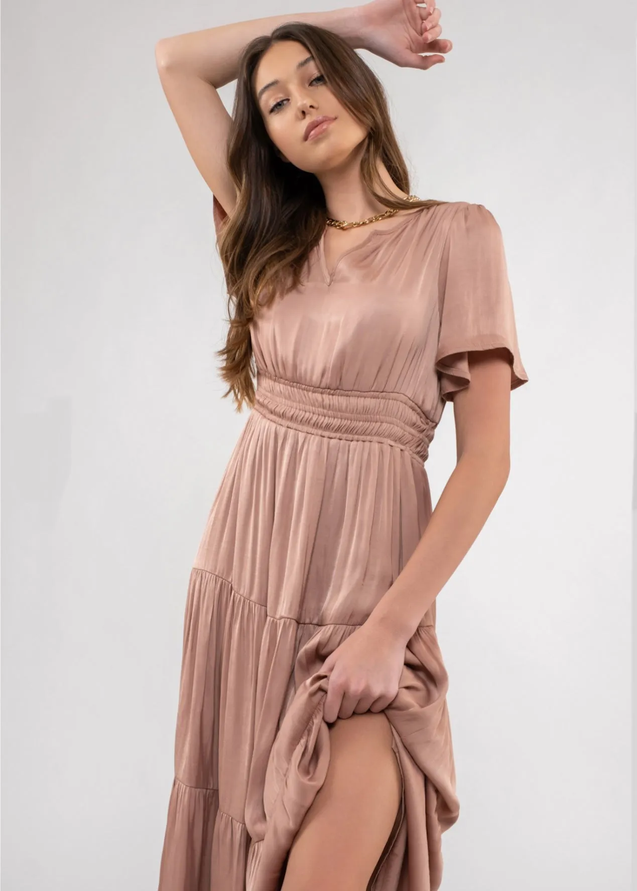 Forget Me Not, Womens Midi Dress, Split Neckline, Tiered Midi Dress, Blush or Steel