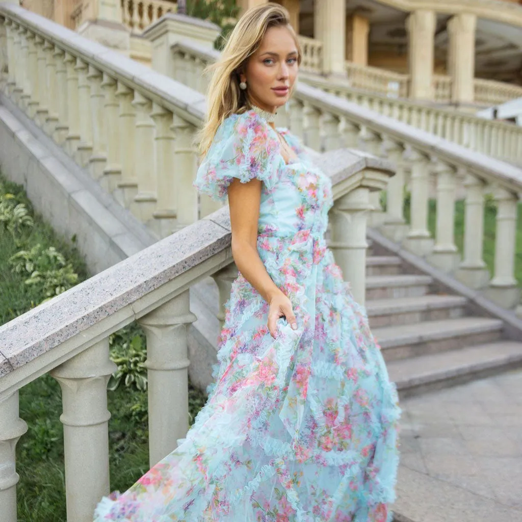 French Style Sweetheart Neck Puff Sleeve A Line Ruffle Tulle Floral Maxi Dress