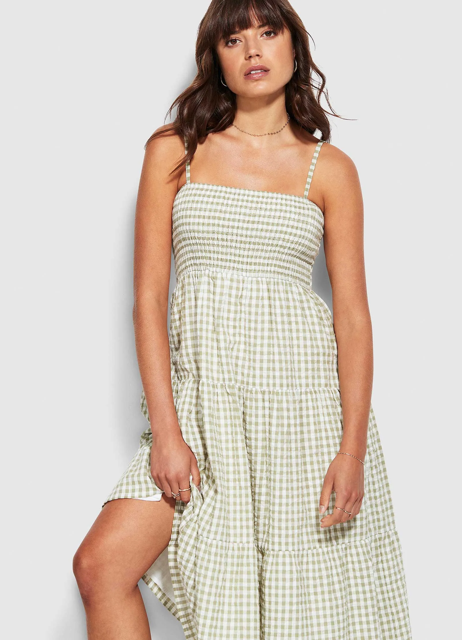 Gingham Shirring Dress - Thyme