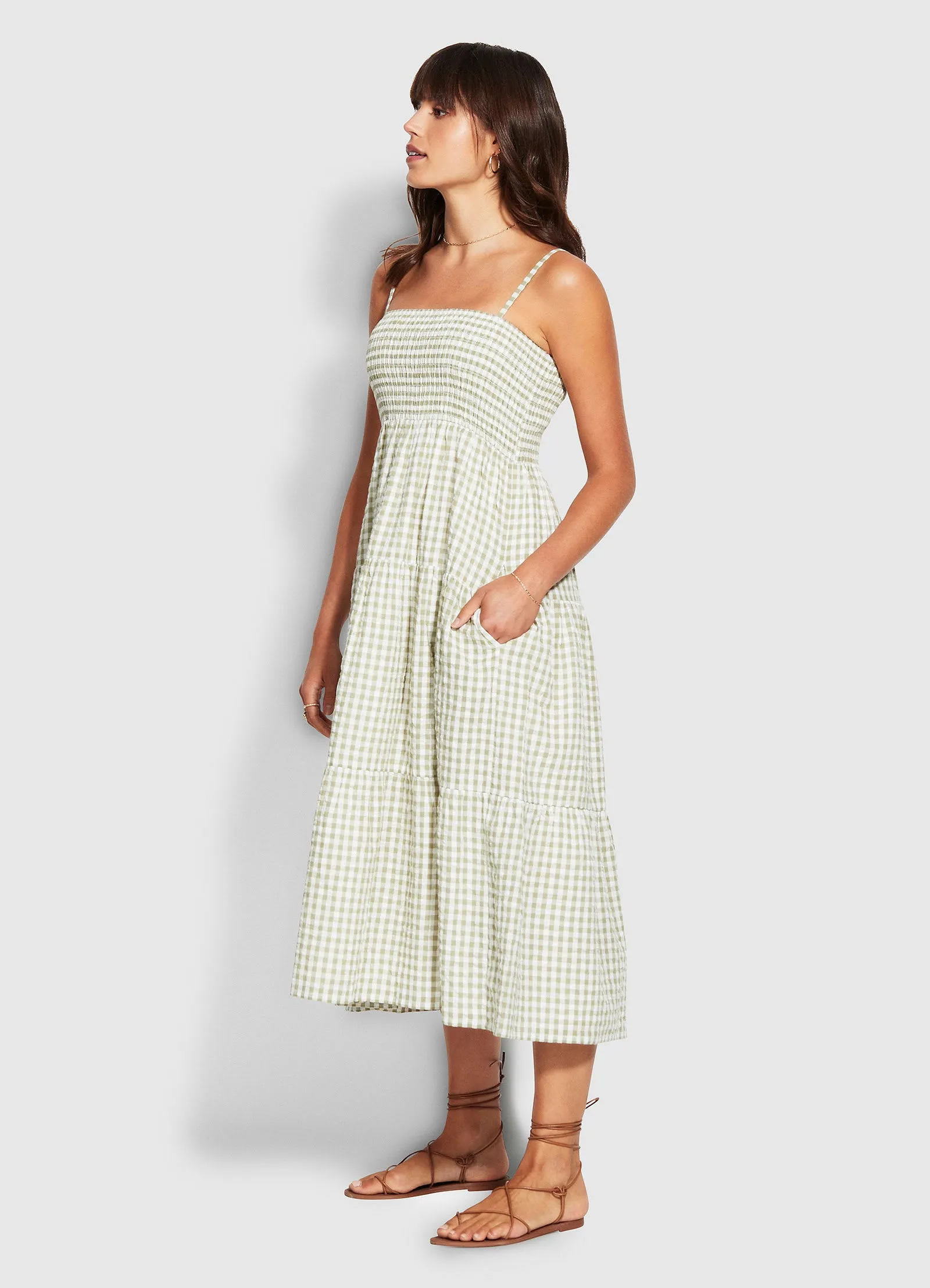 Gingham Shirring Dress - Thyme