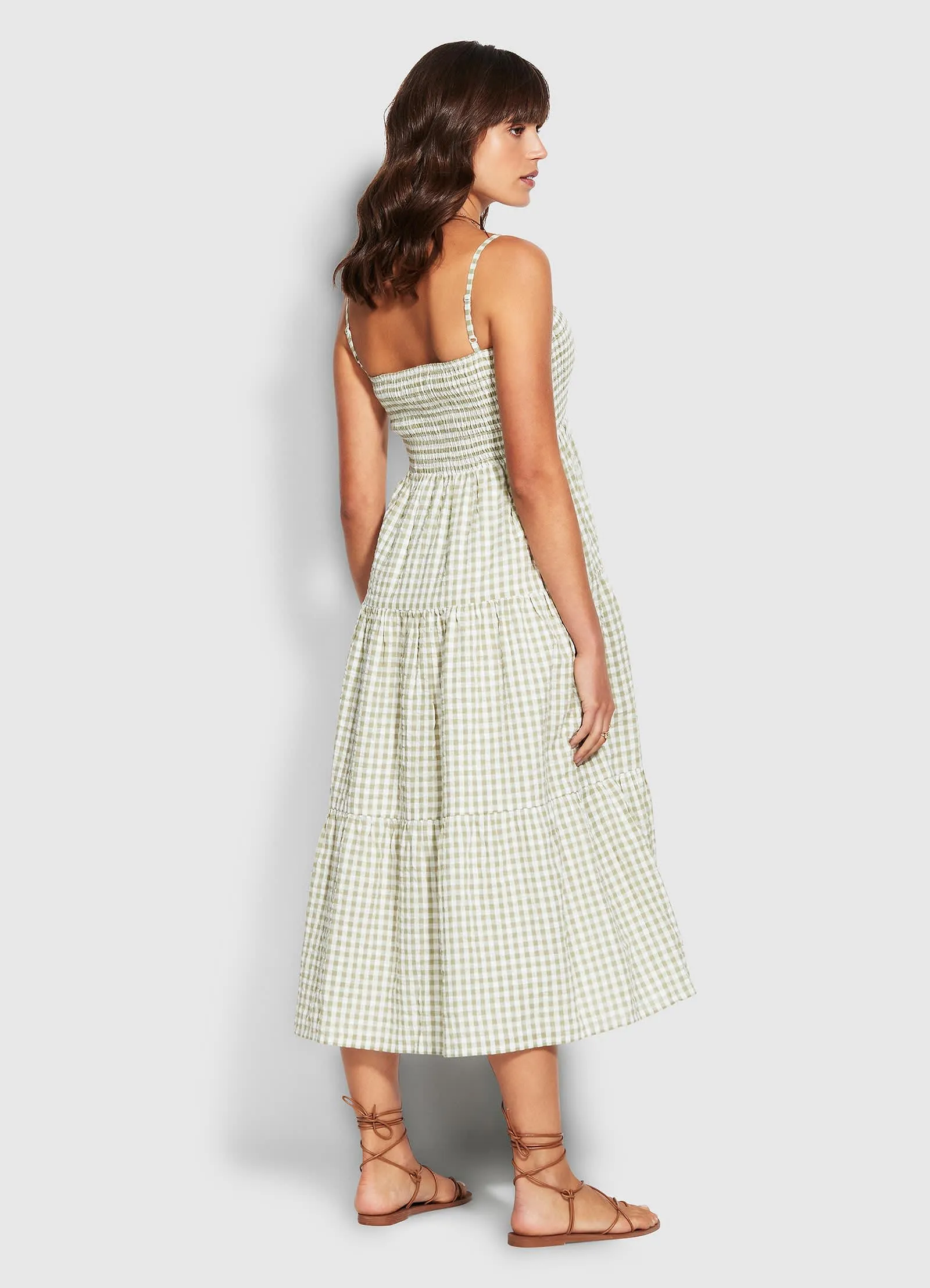 Gingham Shirring Dress - Thyme