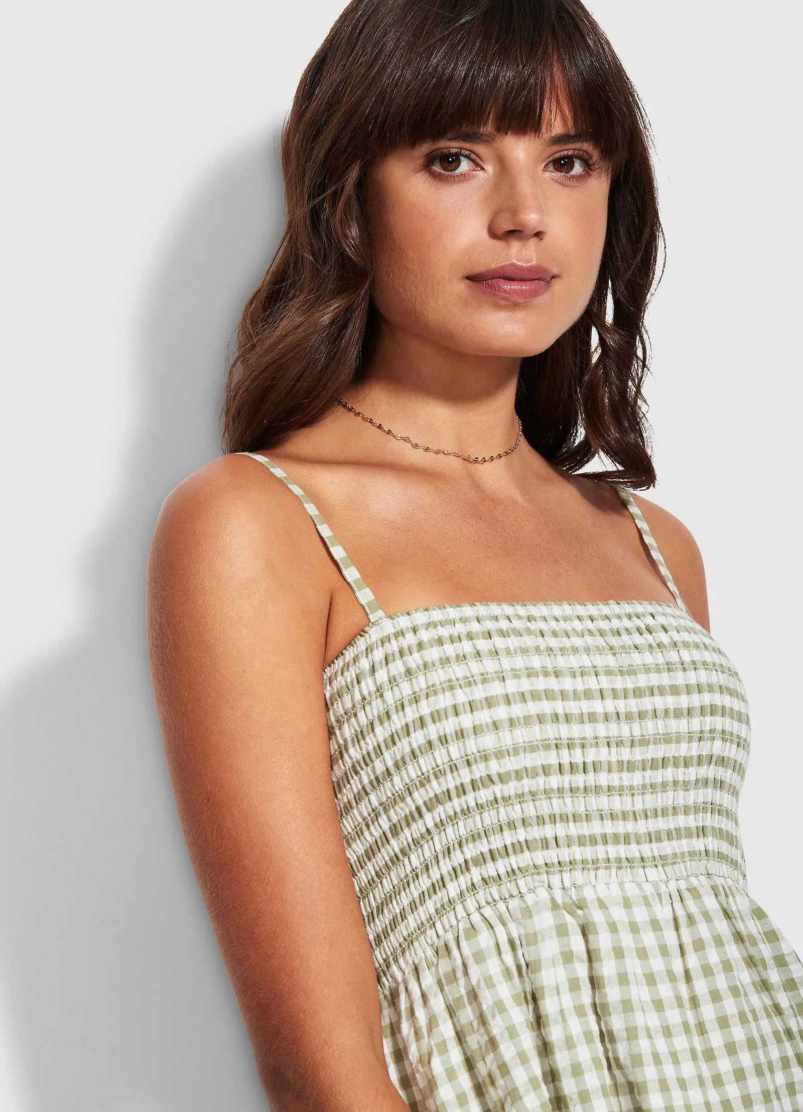 Gingham Shirring Dress - Thyme