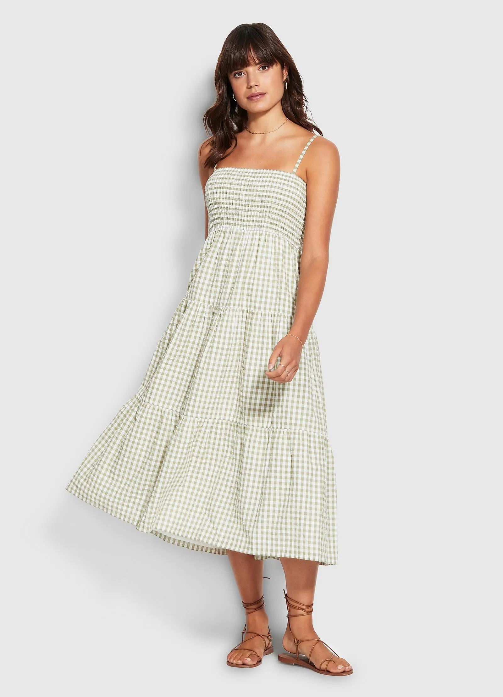 Gingham Shirring Dress - Thyme