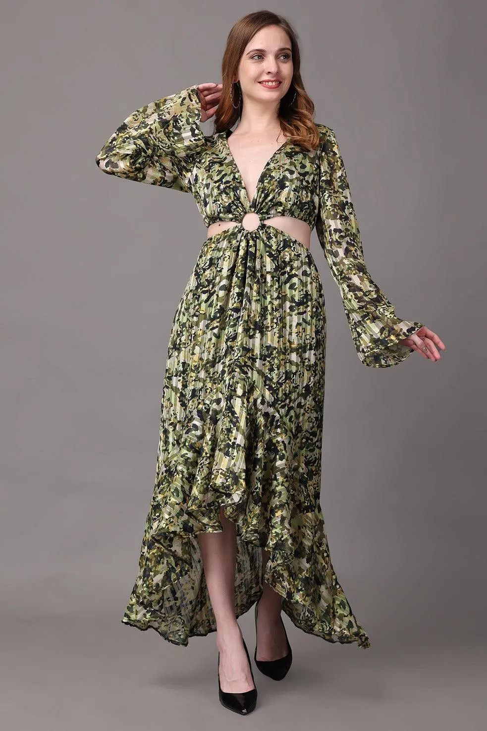 Green Camouflage Printed Asymmetric Dress