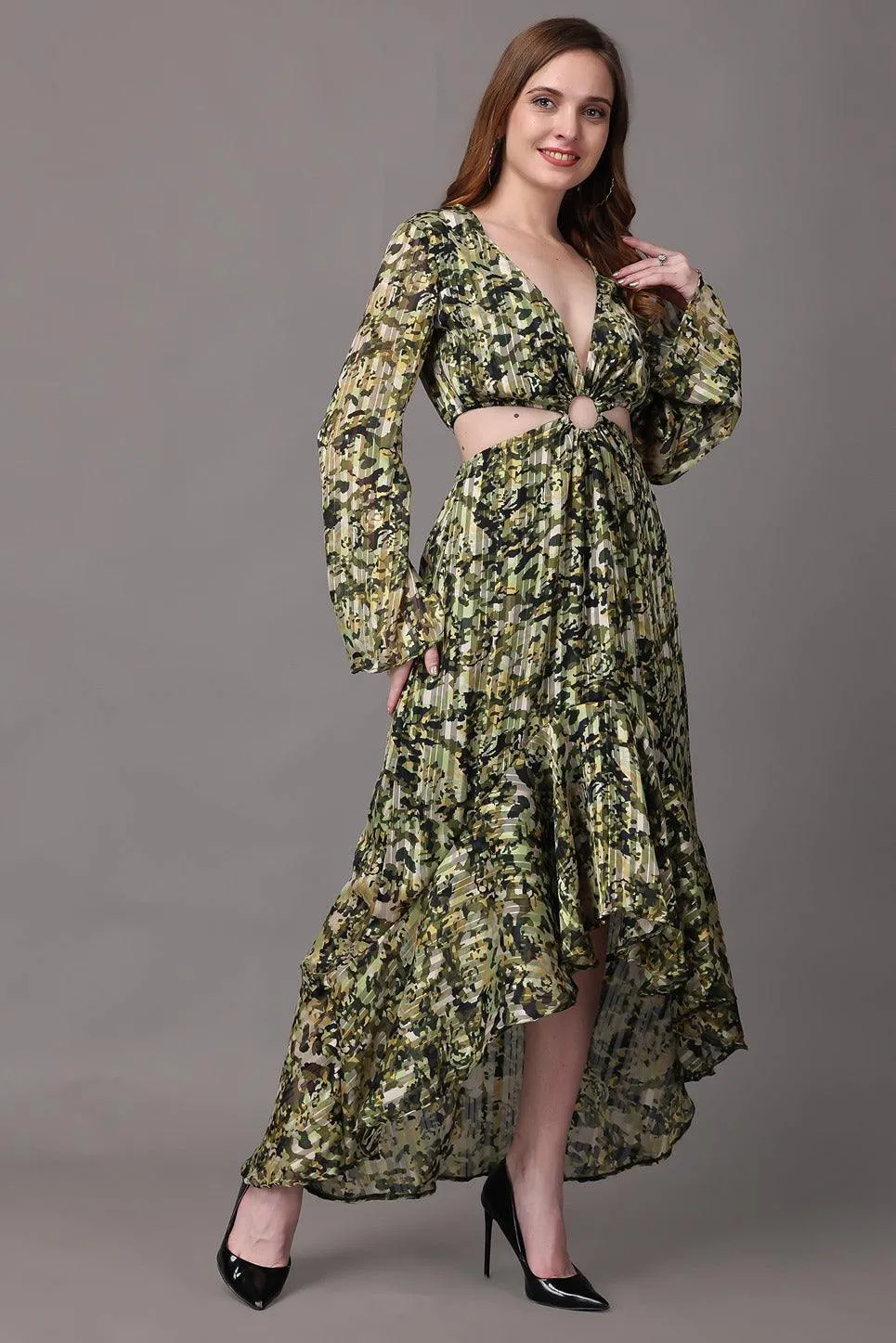 Green Camouflage Printed Asymmetric Dress