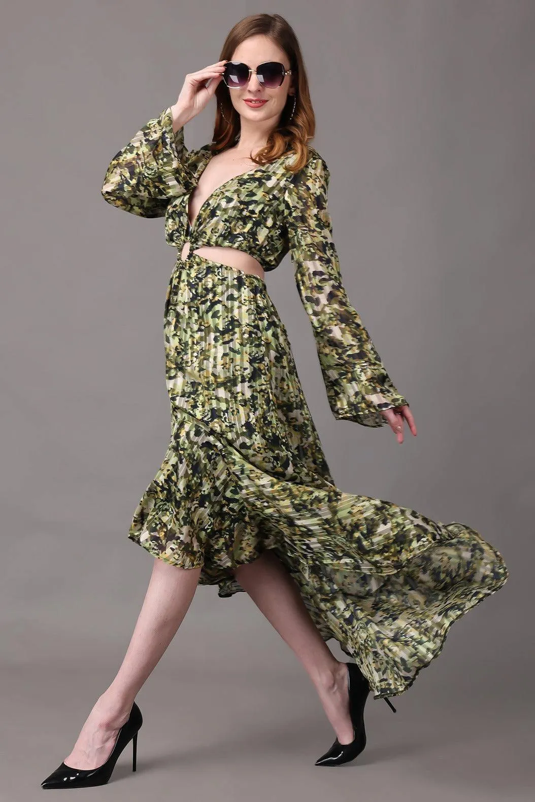 Green Camouflage Printed Asymmetric Dress