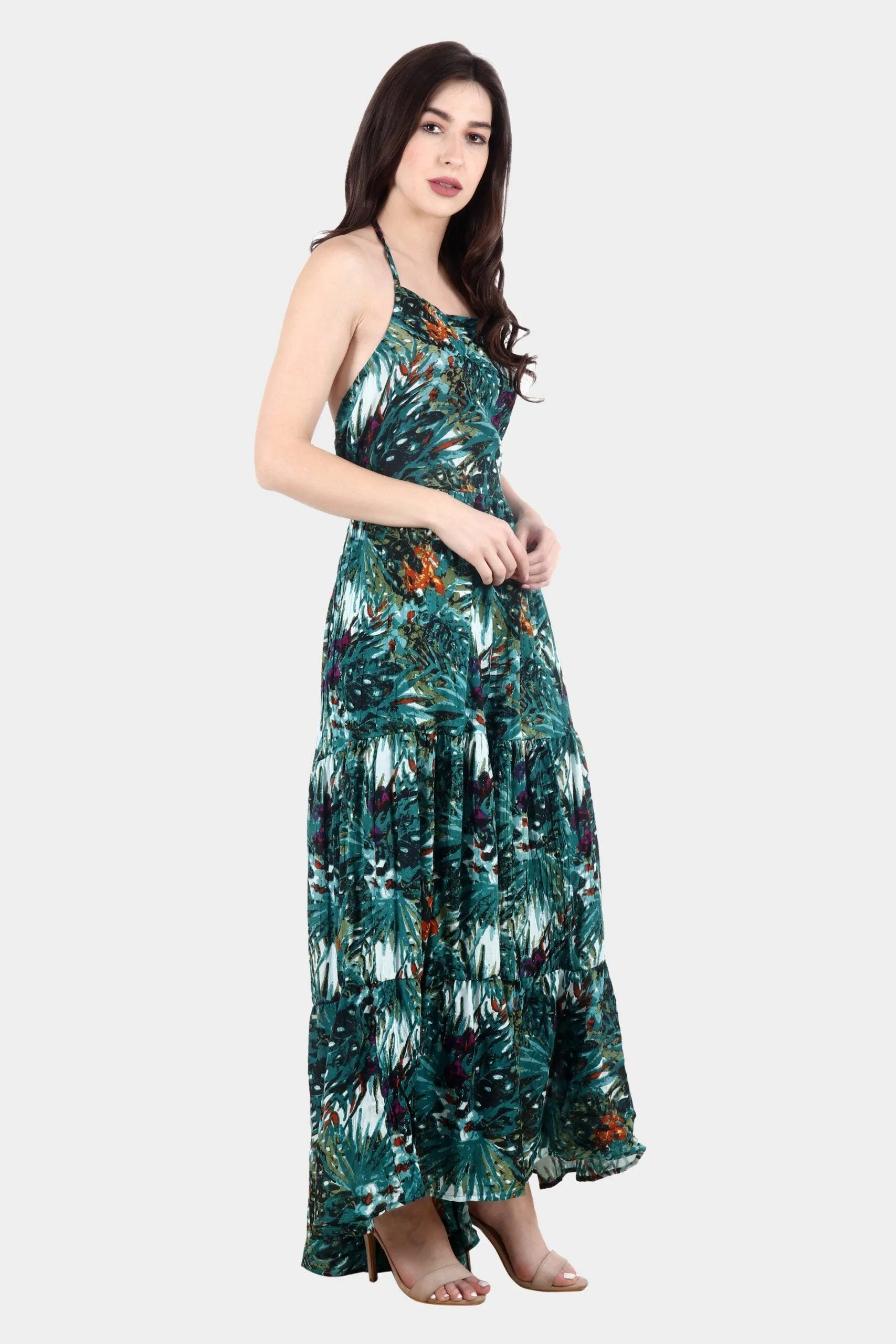 Green Leaf Printed Maxi Dress