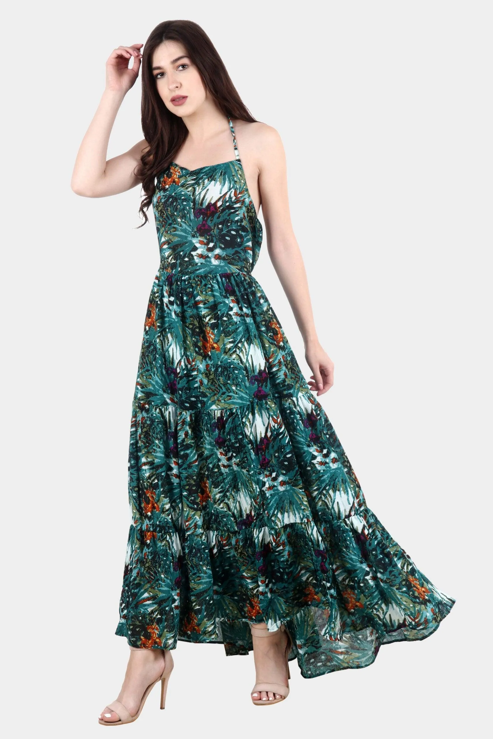 Green Leaf Printed Maxi Dress