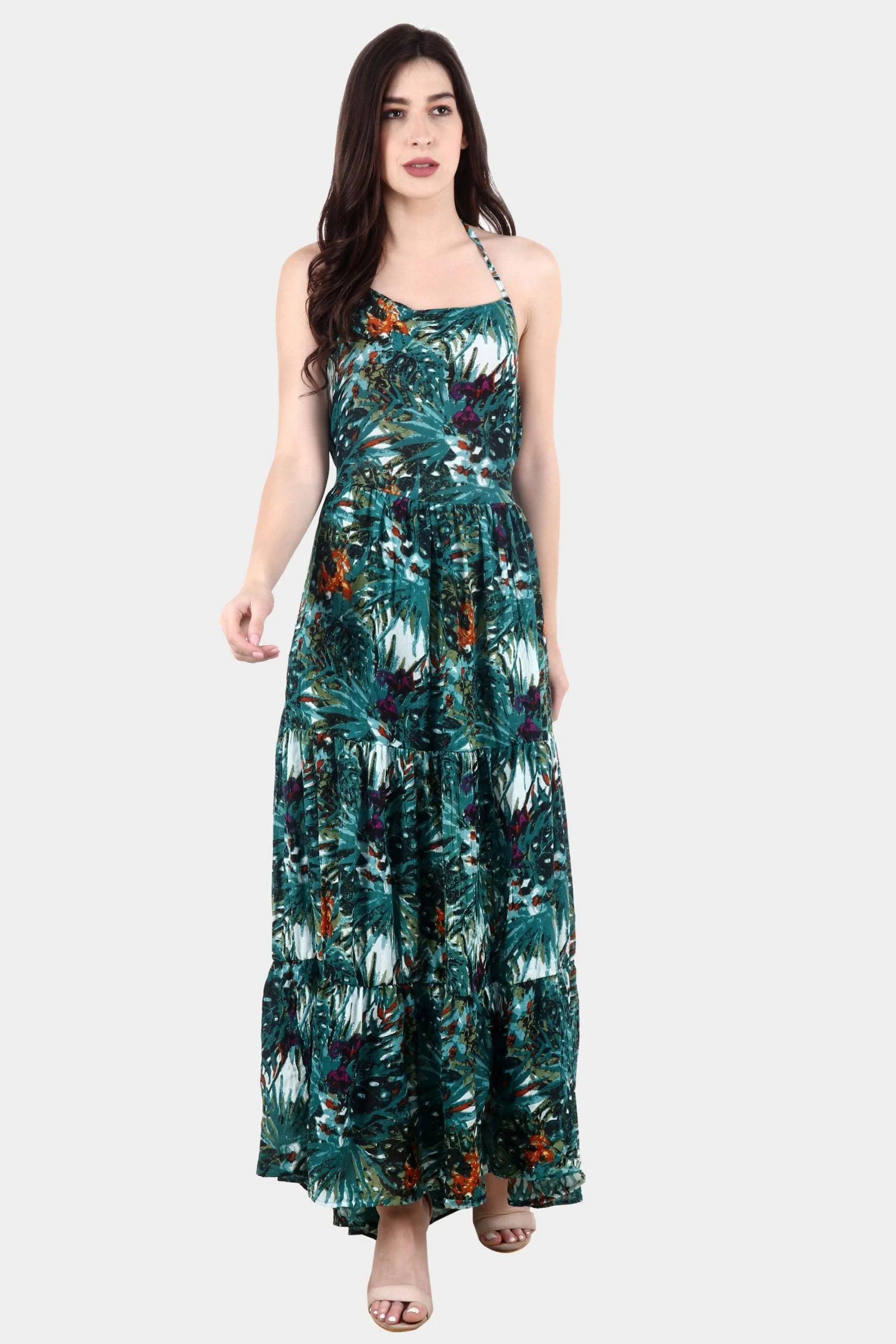 Green Leaf Printed Maxi Dress