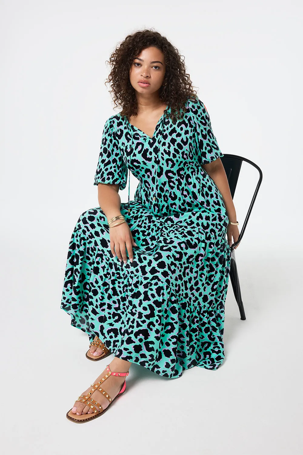 Green with Purple and Black Shadow Leopard Tie Front Maxi Dress