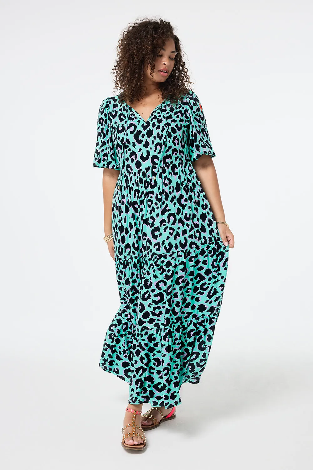 Green with Purple and Black Shadow Leopard Tie Front Maxi Dress