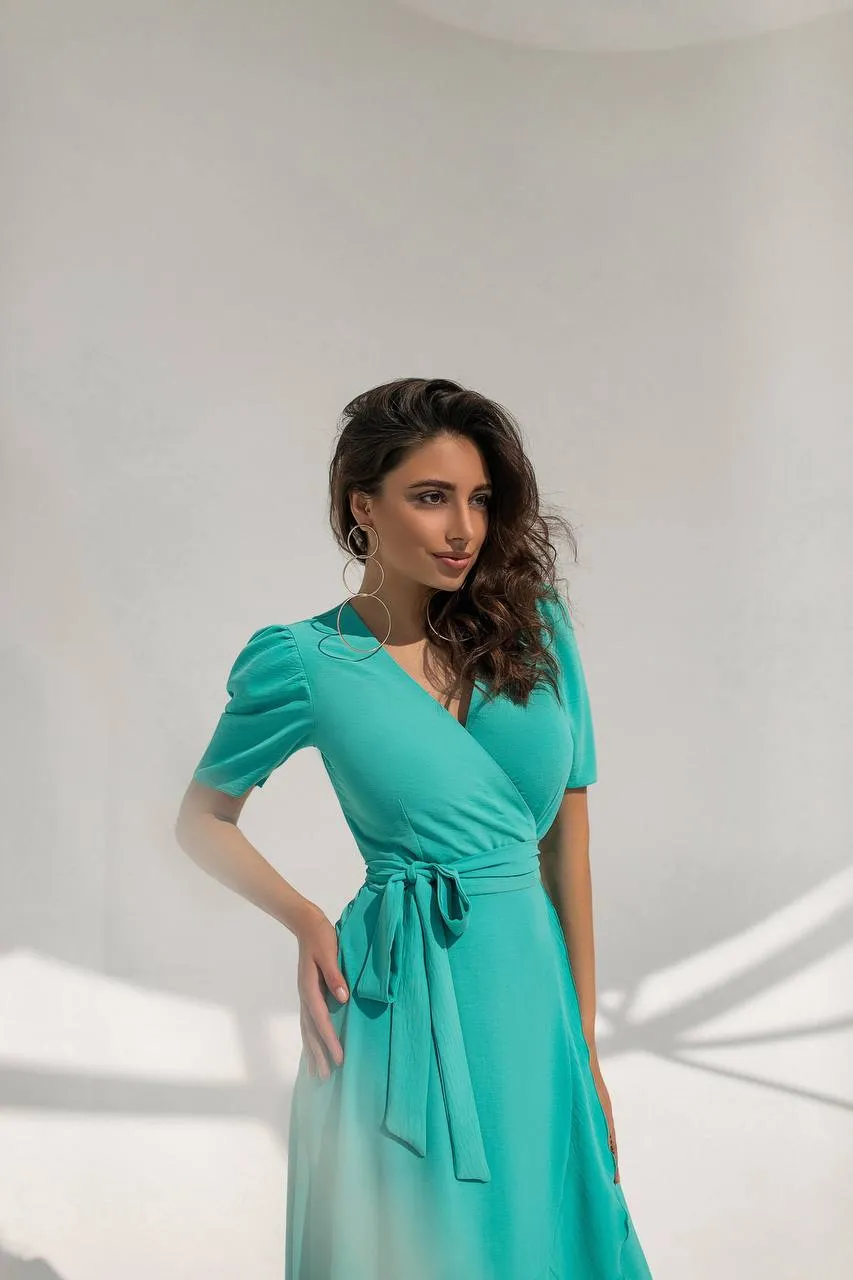 Green Wrap Short Sleeve Midi Dress