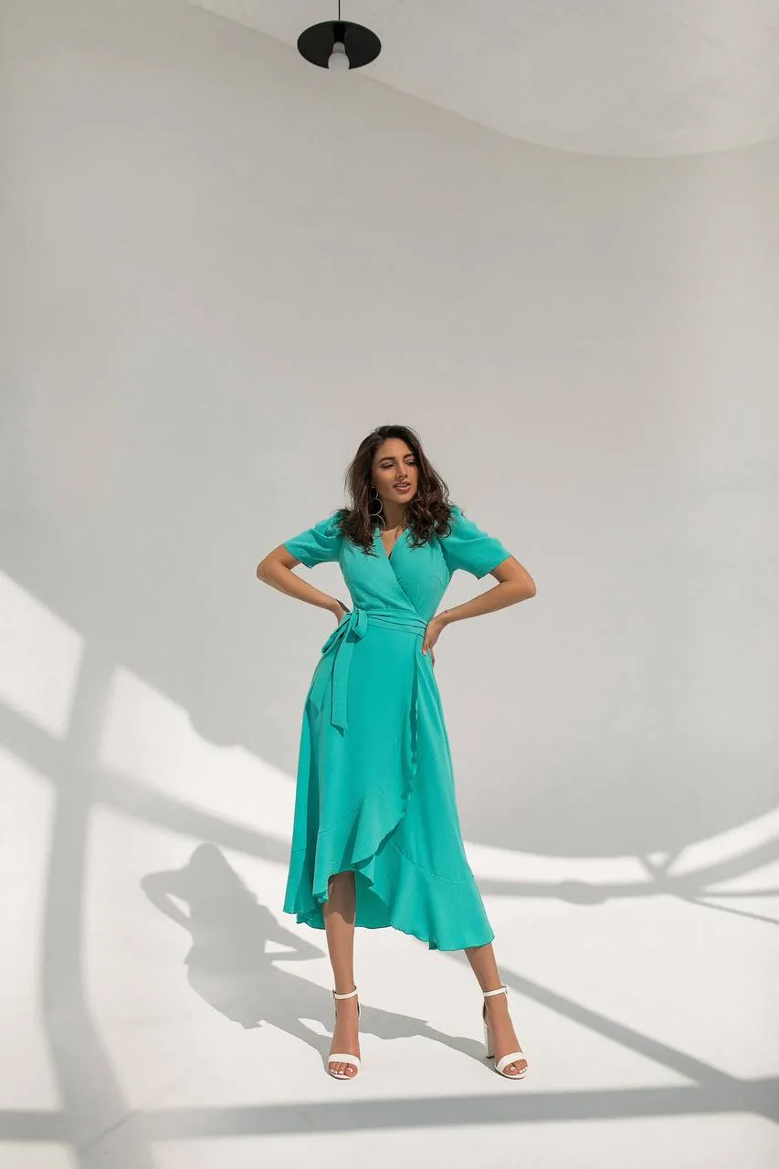 Green Wrap Short Sleeve Midi Dress