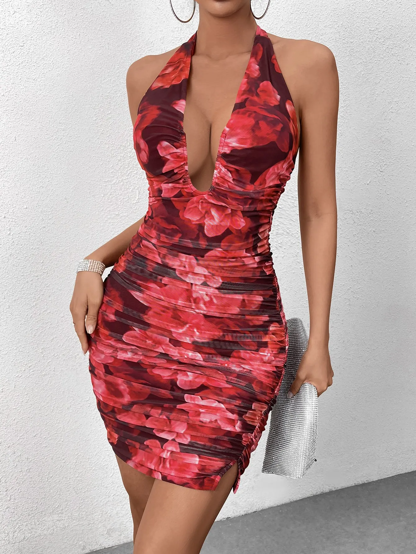 Halter Deep V-Neck Floral Print Bodycon Dress