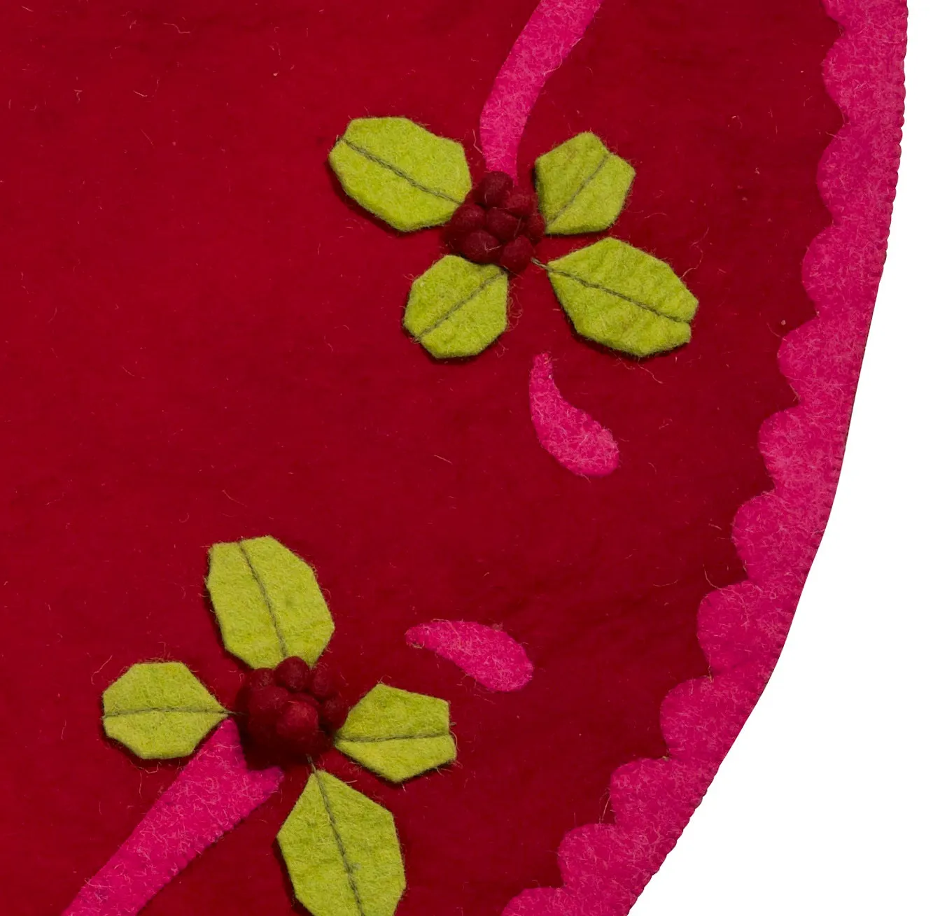 Handmade Christmas Tree Skirt In Felt - Berries On Red - 60"