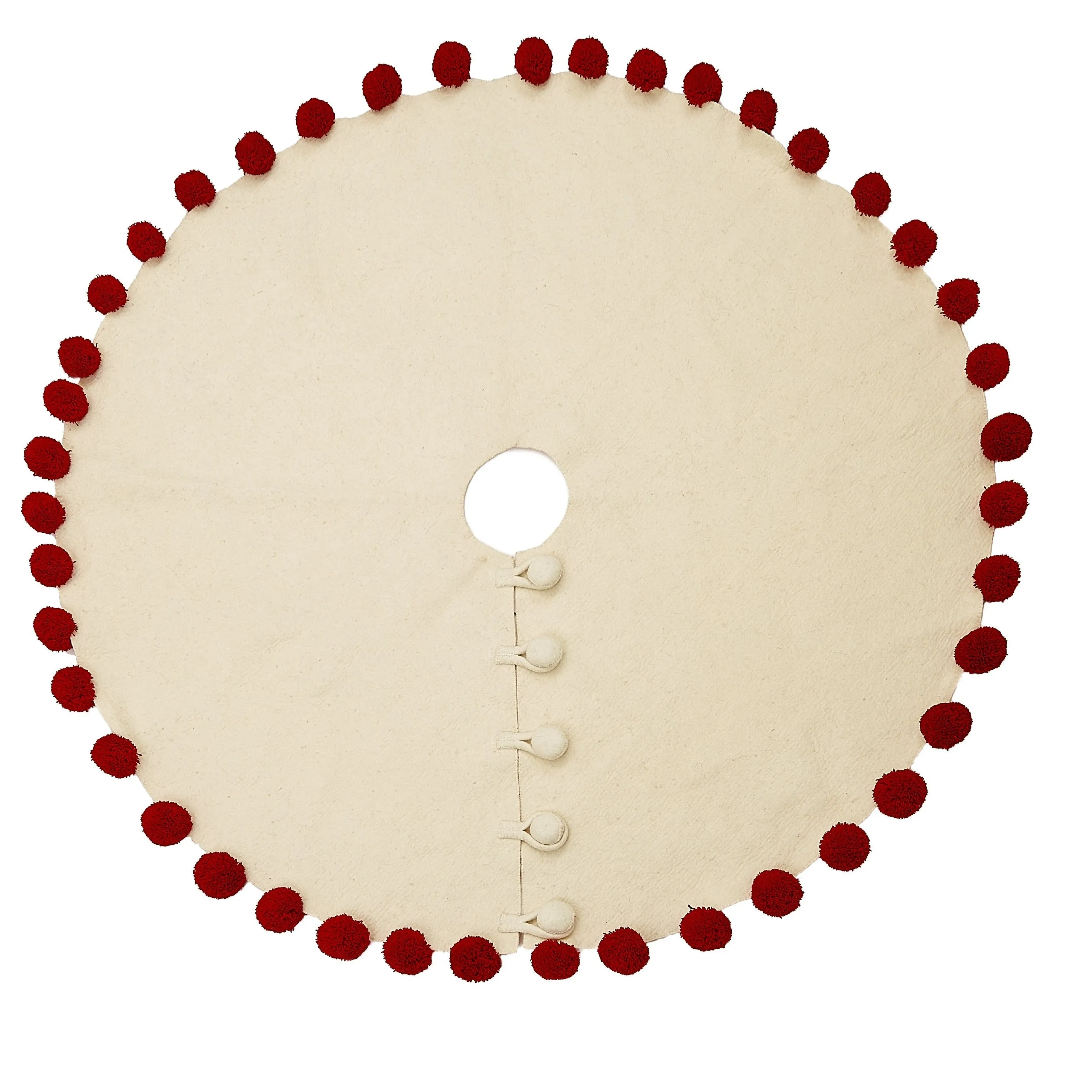 Handmade Felt Christmas Tree Skirt - Red Pom Poms On Cream - 63"