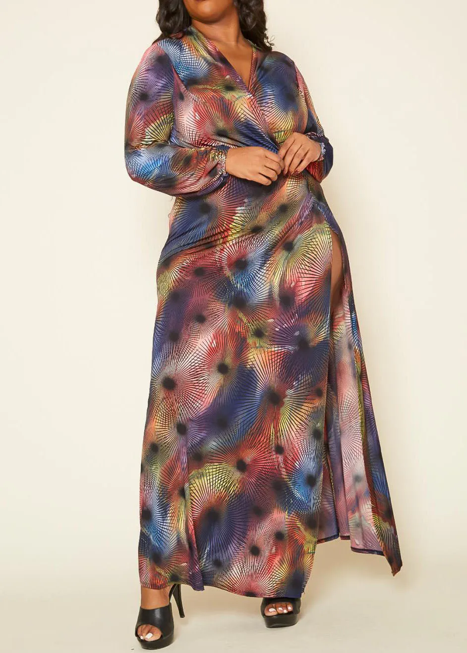 Hi Curvy Plus Size Women Unique Print Overlap Wrap Maxi Dress