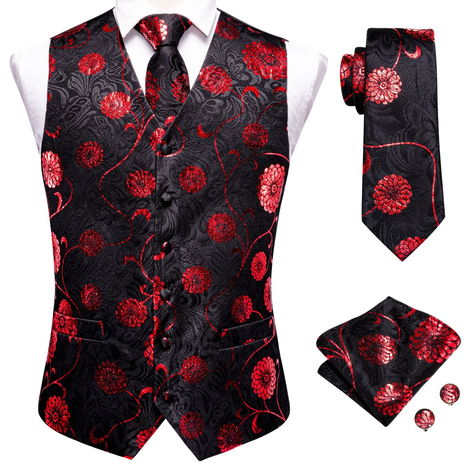 Hi-Tie Black Red Floral Vest Hanky Cufflink Tie Set Waistcoat Suit Set