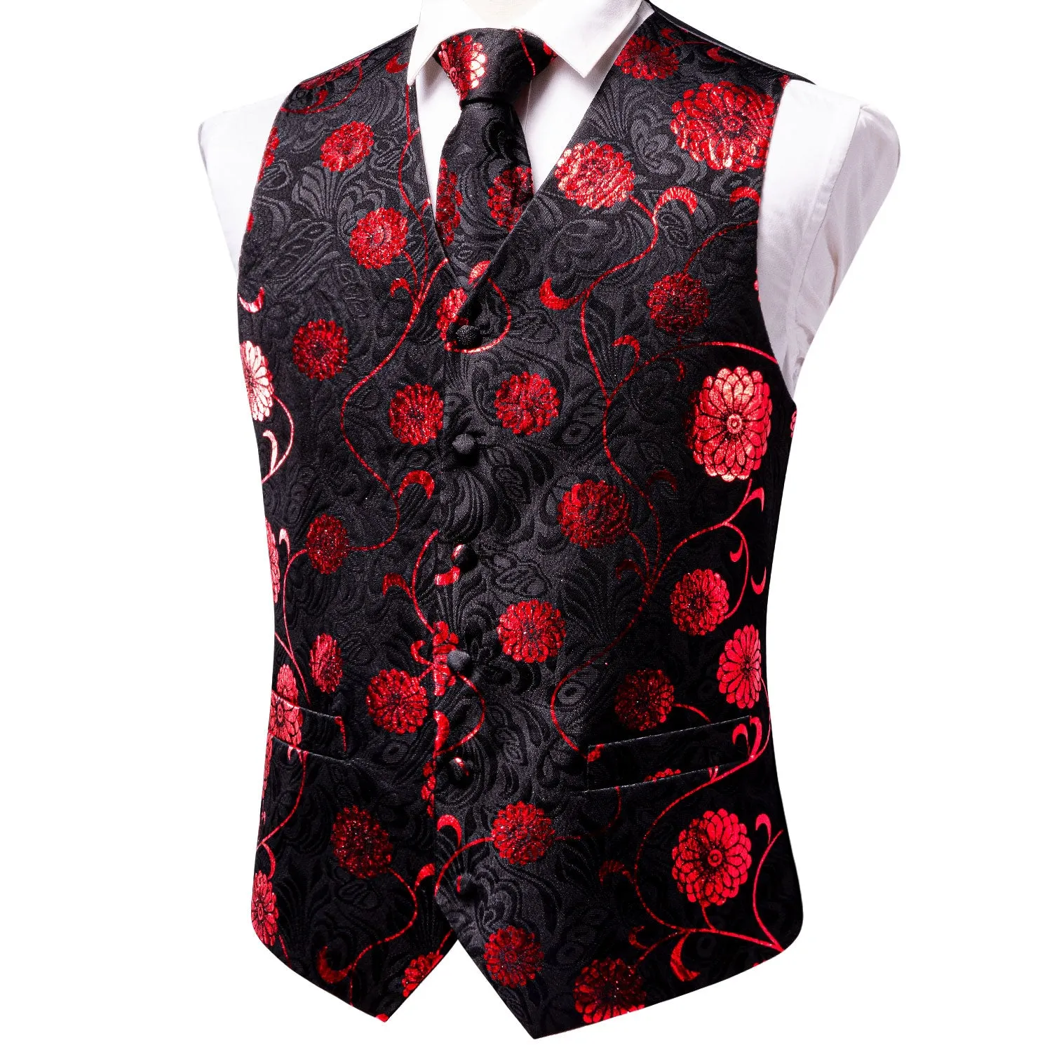 Hi-Tie Black Red Floral Vest Hanky Cufflink Tie Set Waistcoat Suit Set