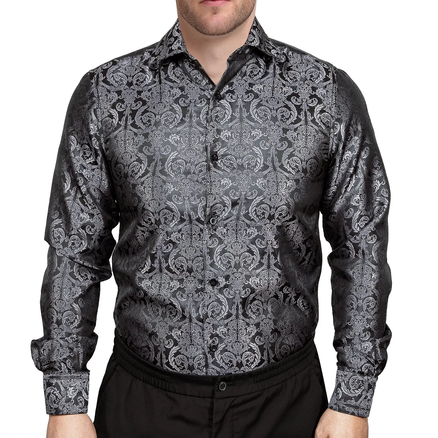 Hi-Tie Long Sleeve Shirt Dark Grey Black Jacquard Grey Floral Shirt