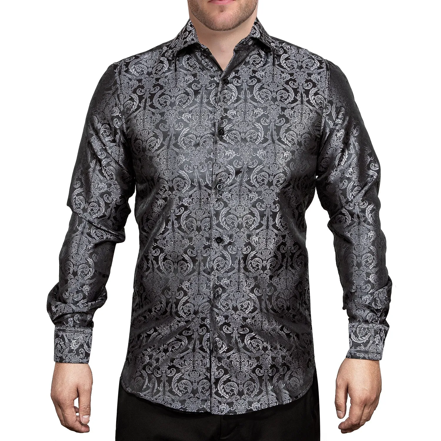 Hi-Tie Long Sleeve Shirt Dark Grey Black Jacquard Grey Floral Shirt