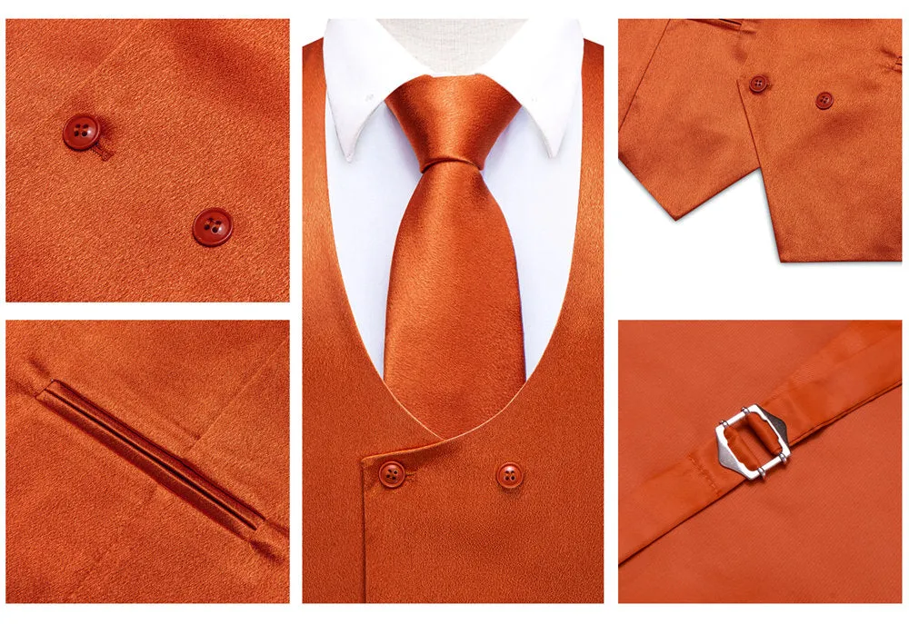 Hi-Tie Rust Orange Solid U-Neck Double-Breasted Vest Set